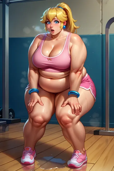 score_9, score_8_up, score_7_up, BREAK, 1girl, solo, princess peach, 1girl, solo, , blonde hair, ponytail, jewelry, bracelet, makeup, casual, cowboy shot, blue eyes, looking at the viewer, large breasts, hands on knees, pink tanktop, sweaty, pink shorts, s...