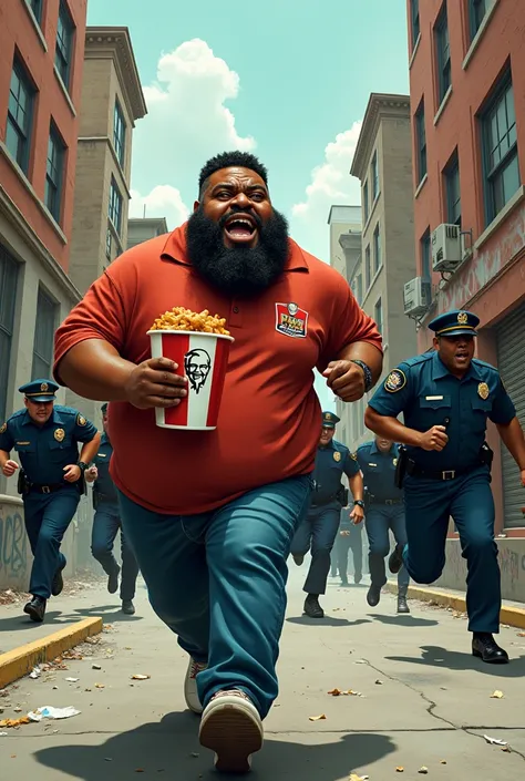 black fat  running away from cops while holding a kfc bucket