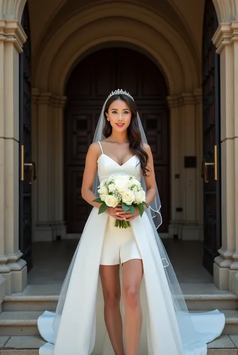 Bride stands at the entrance of the church wearing a short white garter dress on her right leg and carrying a bouquet of white roses looking at the camera 