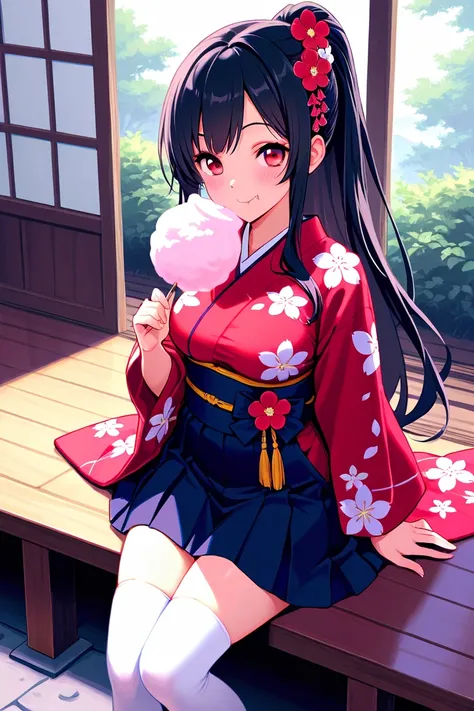 8k,masterpiece, best quality, ultra detailed, high resolution, super fine illustration,1girl, solo, smile, red eyes, black hair, long hair, ponytail, medium breasts, Japanese clothes,kimono,skirt, thighhighs, hair ornament, flower ornament,zash,eating cott...