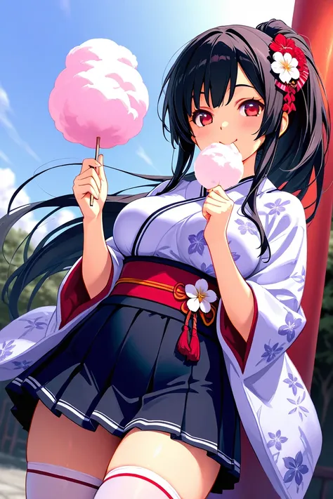 8k,masterpiece, best quality, ultra detailed, high resolution, super fine illustration,1girl, solo, smile, red eyes, black hair, long hair, ponytail, medium breasts, Japanese clothes,kimono,skirt, thighhighs, hair ornament, flower ornament,zash,eating cott...