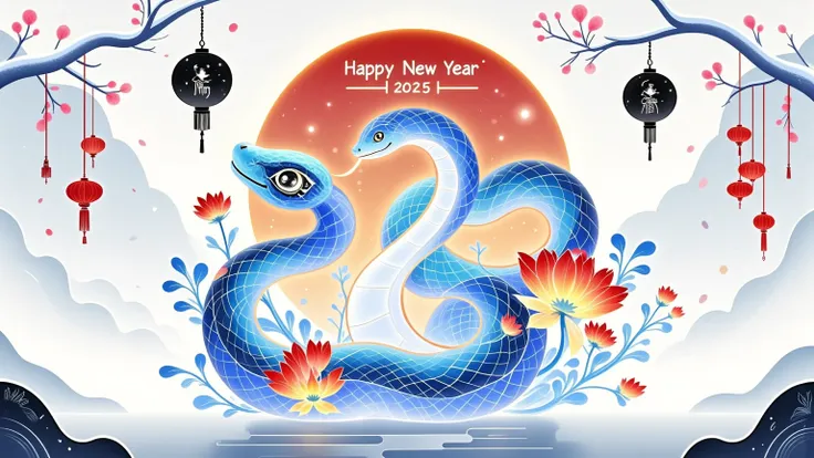 A cute snake, simple graphic illustration style, with colorful flowers and lanterns all around. with “Happy New Year” written on the top of the screen, with “2025” written below. background is white, vector graphics, Simple shapes, Flat design, There are a...