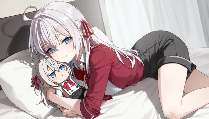 Alisa Mikhailovna Kujou, a girl with long white hair, blue eyes, ties a red ribbon, wears a red short-sleeved shirt, wears black shorts, sleeps, hugs a doll in bed(precise,  High Detail)