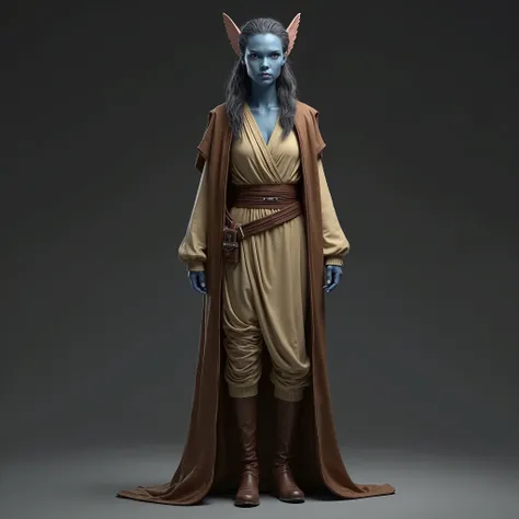 Recreate a "Aayla Secura" from star wars. ((realista 4k)) What do you wear Jedi robes.  That he wears pants. What a look at brown boots. That it is standing.  With dark gray background.