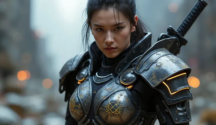 Futuristic Chinese medieval armor with a katana, fiery and weary look yet sexy and captivating, show face, 