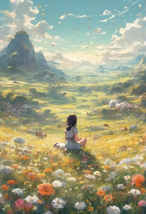 Plains as far as the eye can see, full of flowers and bright sunlight, around a girl playing a solo, various animals listening in, fantastical sketches, best image quality.