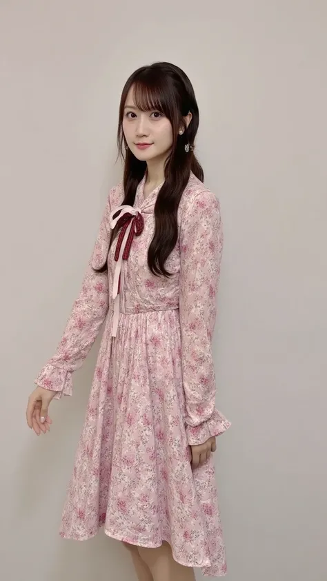 nsfw、 Clear Eyes、8k、 best image quality、masterpiece、 perfect human body、( See uniforms :1.2), (The pink floral dress has a fitted body:1.4), ((Fasten the button, Not loose):1.5), (( Long Sleeve,  sleeves that go past the wrist):1.2), (  full body image
:1....