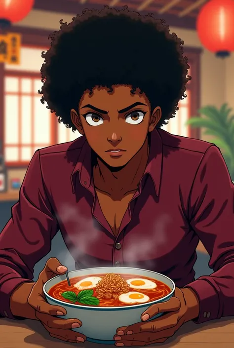 Draw me a african american anime character male  with black afro hair who is wearing a maroon button up long sleeve shirt with a maroon jabot attached earing ramen in japan