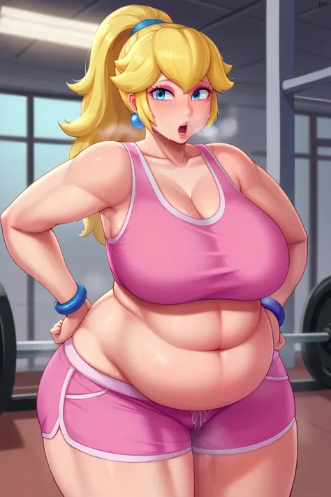 score_9, score_8_up, score_7_up, BREAK, 1girl, solo, princess peach, 1girl, solo, , blonde hair, ponytail, jewelry, bracelet, makeup, casual, cowboy shot, blue eyes, looking at the viewer, large breasts, hands on hips, pink tanktop, sweaty, pink shorts, sw...