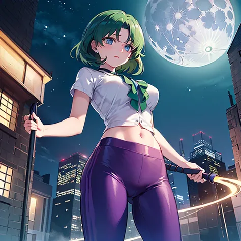 ((Ultra quality)), (( masterpiece)), ( ultra detailed ), 1 girl, (( with purple leggings )), (( strappy blouse)), ((Senos grandes)), (( green hair )), ((blue eyes)), (( with a cute face )), (( hair with beautiful details )), (( with a whip in her right han...