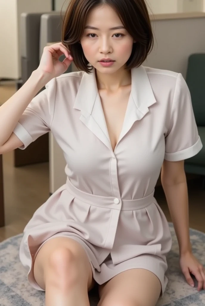 (masterpiece,   top quality)、 beautiful Japanese wife  、
、(from below)、(  foot focus  ), Brown Haired Girl , Open blouse, Chest enhancement、  slit skirt,  At the office、 (  detailed skin: 1.3), (  detailed eyes  ), (   sharp concentration),  short hair、Bus...