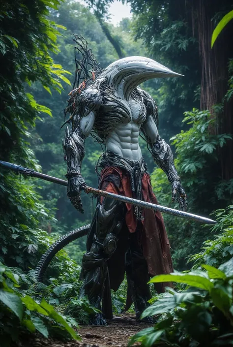 A a humanoid of an advantaged species that lives on an alien planet standing in a dense rainforest with vegetation that ranges in colors, the humanoid resembles a human morphed with a dolphin, with extremely pale translucent like skin, wearing metallic arm...