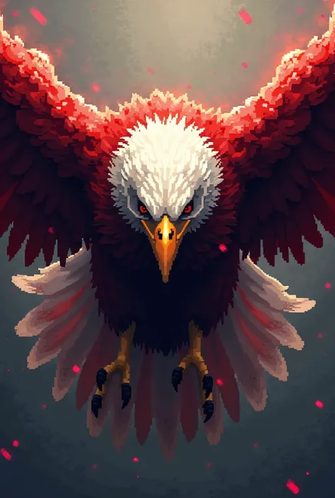 Generate an image of a red eagle covering the entire area of the image of the mind the face a pixelated eagle with red and white details only the eagle's head
