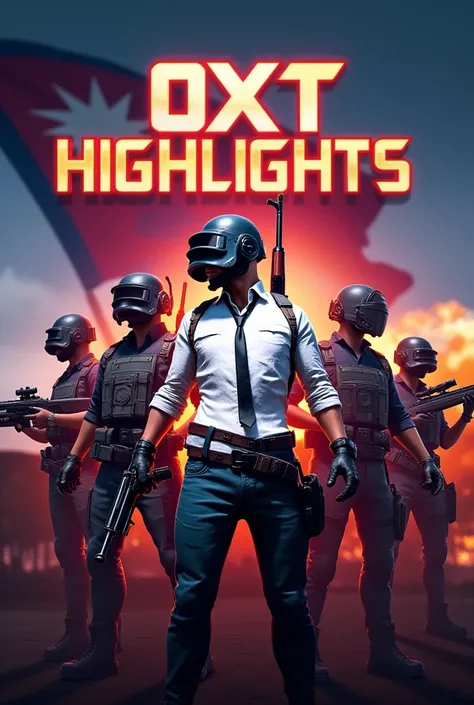 Create An cinematic poster featuring six PUBG-style characters standing in dynamic poses, each holding different weapons such as assault rifles, sniper rifles, and shotguns. The characters have detailed outfits inspired by PUBG, including tactical gear, he...