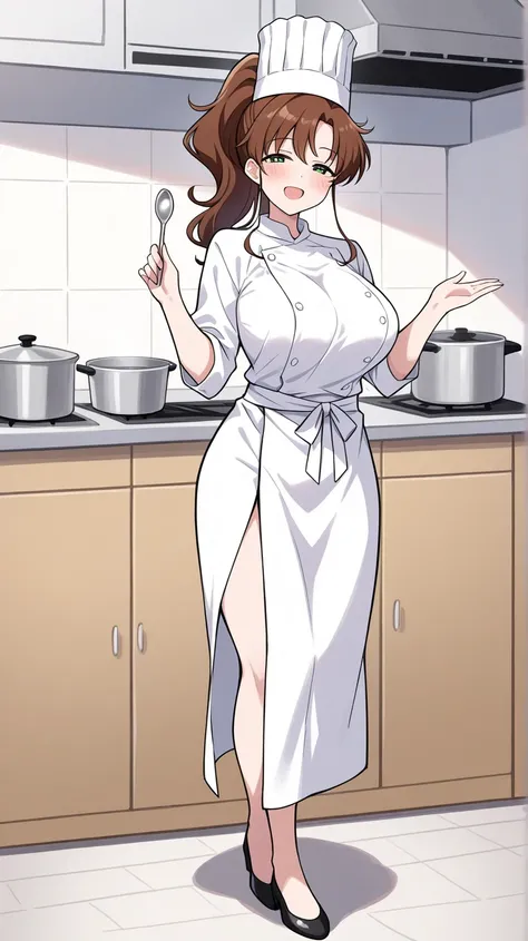 obra maestra, mejor calidad, 1 girl, Kino Makoto, solo, LONg hair, smile, blush face, Brown hair, green eyes, ponytail hairstyle, LARGE boobs, CHef outfit, chef hat, white clothes, Spoon, kitchen background, looking at viewer, FULl BODY, OPEN MOUTH, HALf c...