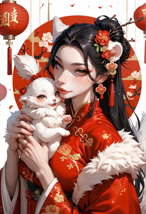 1 furry girl, 1 furry man, fluffy tail, paws, chinese new year, white fur, beautiful hair, seductive eyes, boyfriend, girlfriend, black hair