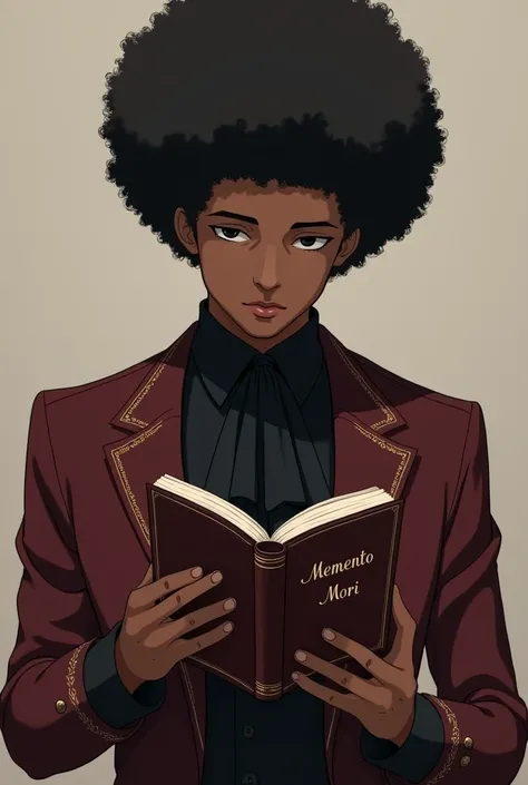 Draw me a anime male ager with brown skin and black afro hair wearing a maroon tailcoat with a black jabot reading book that says memento mori