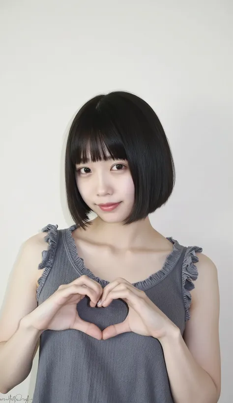  Super Fine、An upshot of her face、She has a smile showing her teeth, wears a camisole, and poses with her hands in the shape of a heart in front of her chest、The background is plain、  high definition、細部にわたって high definition