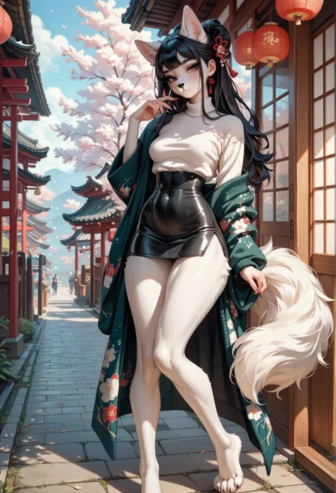 2 furry girls, tight skirt, furry, fluffy tail, slim waist, wide hips, large butt, small perky breasts, sweater, paws, japan, white fur, beautiful hair, seductive eyes, black hair, kimono.