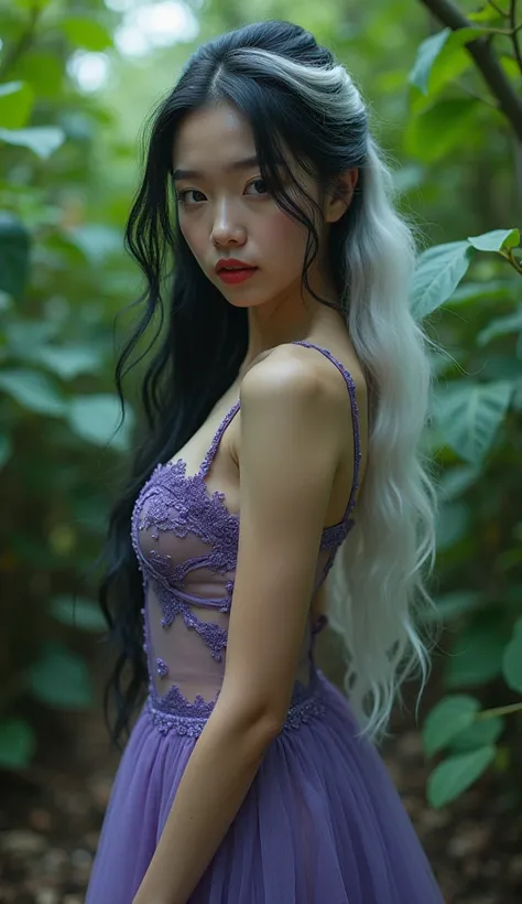 Khoa Phụ, a beautiful vietnamese chubby face girl with piebaldism, black and white hair with a streak of white, real woman demi-long hair. realistic image with cinematic angle, excite. A splendid female with mystical purple and teal sheer Maxi opened lace ...