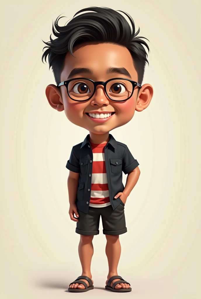 make ,a realistic full body shot,caricature ,with oversize head, indonesian aged 20 years old, a man ideal body, thin hair, without glasses, with nice smile,wearing black shirt outside, wearing shirt inside with strip motif red and white, sandal,This maste...