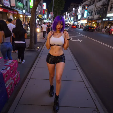 gorgeous woman (age 20, cute, tight leather shorts, tank top, short hair violet high lights, short leather boots) she is walking towards viewer, busy bangkok sidewalk, night
