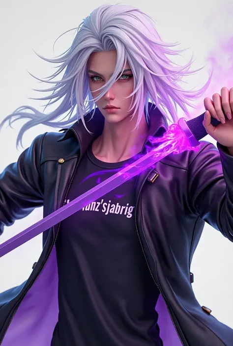  Anime 3d man with long white hair wearing an open leather jacket.bring the purple flame color sword.on the front of the inside shirt there is the name Dhanz'sijabrig 