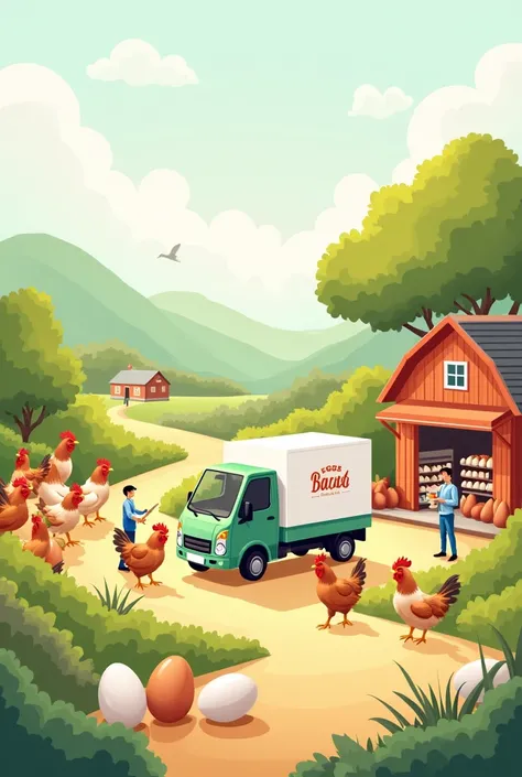 A vibrant farm-to-door digital illustration for Dim Bazar.Com, featuring hens on a lush farm, workers loading fresh eggs onto a delivery truck, and a cozy shop with eggs on display. The design uses soft, natural colors like white, green, and golden yellow,...