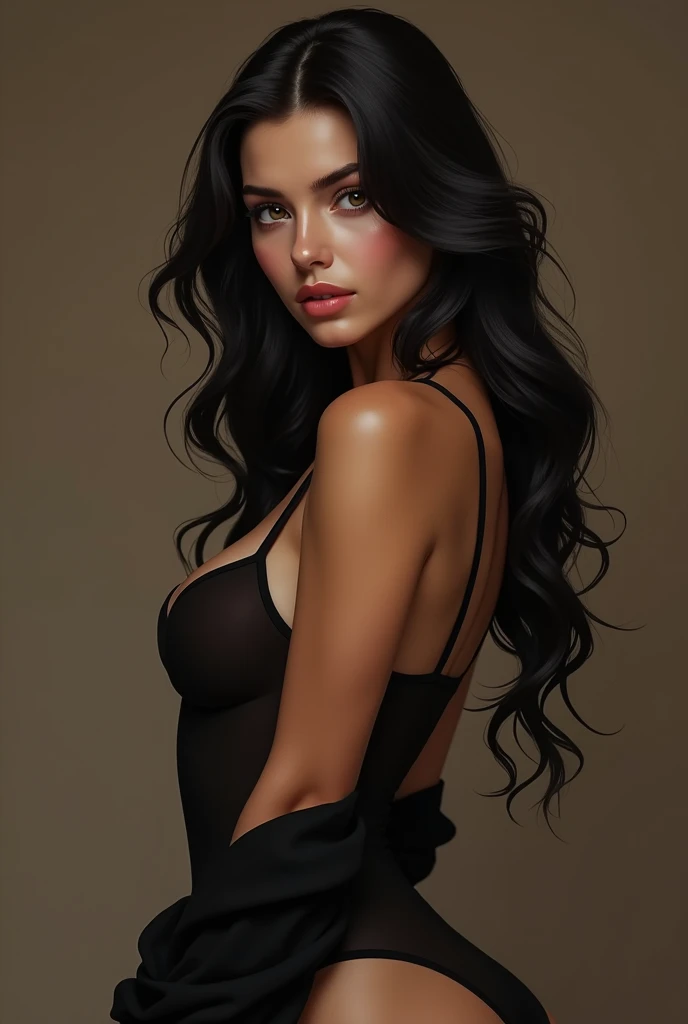  Create a beautiful woman, with unique features with the very beautiful appearance of long black hair and honey-colored eyes, That she be wearing short and very tight clothes showing her breasts. 
I want her face to be very realistic 