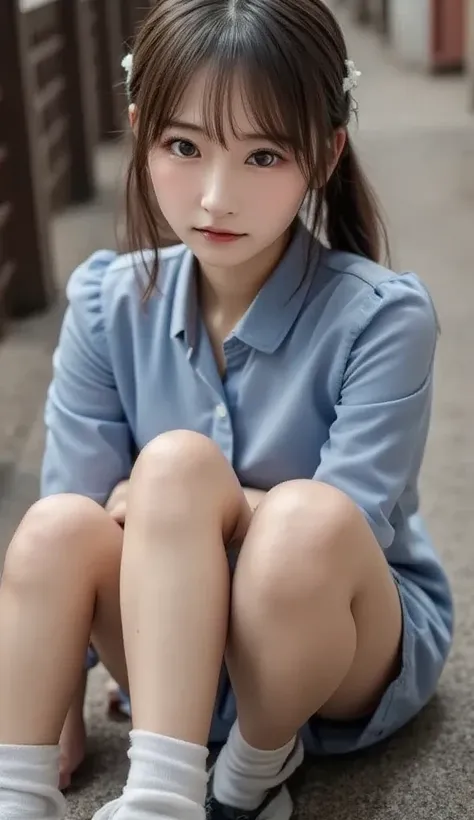 An Asian woman wearing a blue shirt is sitting on the sidewalk with her legs crossed
