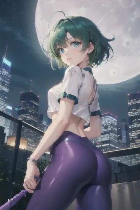 ((Ultra quality)), (( masterpiece)), ( ultra detailed ), 1 girl, (( with purple leggings )), (( strappy blouse)), ((Senos grandes)), (( green hair )), ((blue eyes)), (( with a cute face )), (( hair with beautiful details )), (( with a whip in her right han...