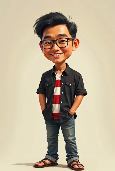 make ,a realistic full body shot,caricature ,with oversize head, indonesian aged 20 years old, a man ideal body, thin hair, without glasses, with nice smile,wearing black shirt outside, wearing shirt inside with strip motif red and white, sandal,This maste...