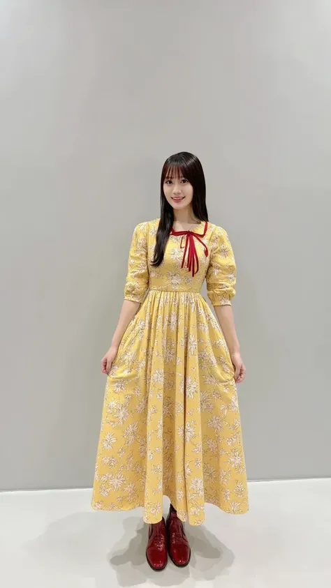 nsfw、 Clear Eyes、8k、 best image quality、masterpiece、 perfect human body、( See uniforms :1.2), (The yellow floral dress has a fitted body:1.4), ((Fasten the button, Not loose):1.5), (( Long Sleeve,  sleeves that go past the wrist):1.2), (  full body image
:...