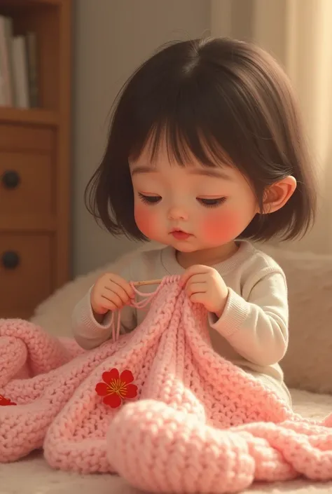 little baby girl making a knit blanket in Baby pinck colour like butterfly and on blanket red flowers making 