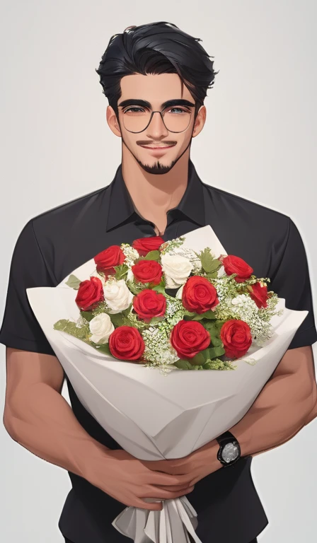 28 year old face ,   beautiful, maduro,   black hair,   blue eyes, Legal , very high, casual, wear glasses, rico, Perfect face,   detailed face, aesthetic,    corpo Atlético , Sensual, seductive and passionate smile,  holding a bouquet .