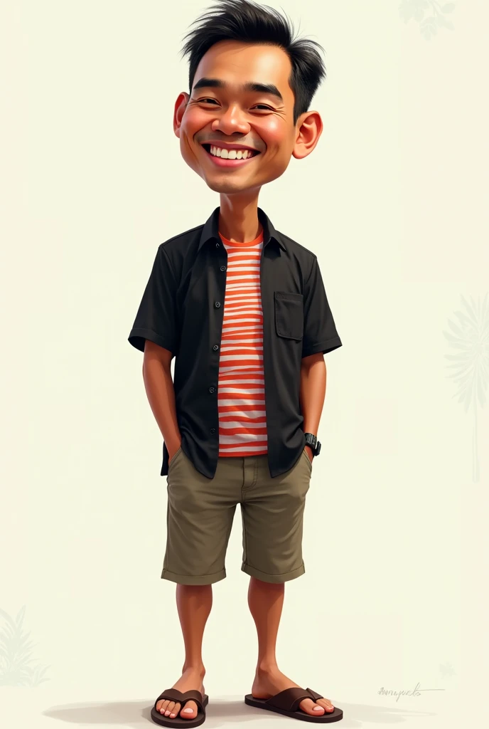 make ,a realistic full body shot,caricature ,with oversize head, indonesian aged 20 years old, a man ideal body, thin hair, with nice smile,wearing black shirt outside, wearing shirt inside with strip motif red and white, sandal,This masterpiece captures t...