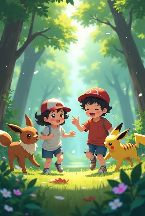 Two  siblings and Pokémon are playing in the forest