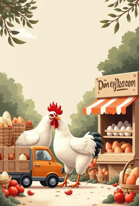 A detailed illustration for Dim Bazar.Com's slider, showcasing a farm-to-market theme. Hens, egg baskets, a truck loading crates, and a shop front labeled 'Dim Bazar.Com' are arranged in a clean, organized layout with earthy, natural tones for a profession...