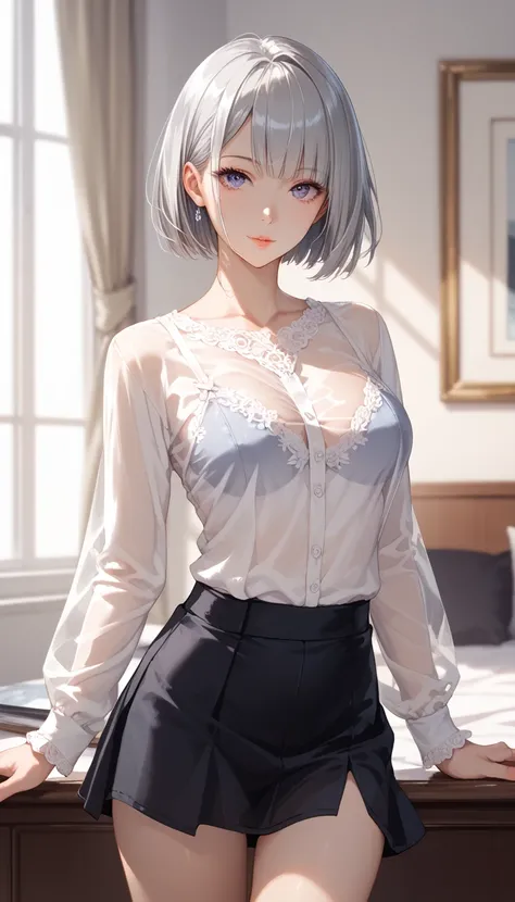 わきDownを見せない, Down,  no background,  becomes transparent when you stare at it {x}, PE, front view, cowboy shot,  perfect and beautiful face, Beautiful breasts, Thin legs, slim, silver short bob hair, see-through white long sleeve shirt, black skirt, see som...