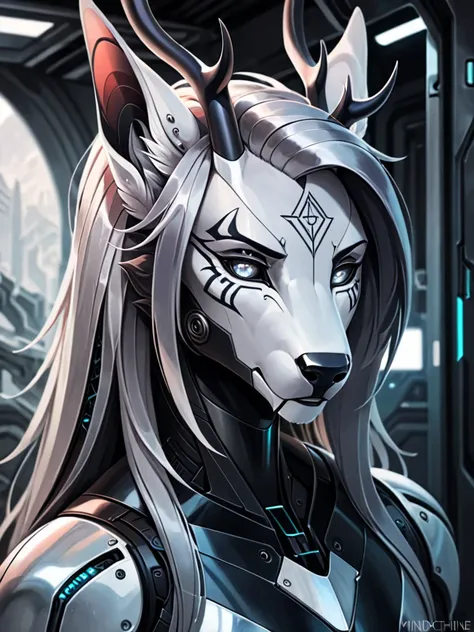 Furry, Male wendigo, jackal, artificial face, white face, white fur, white skin, thick black antlers, deer horns, black horns, angelic wings, long hair, masculine hair, white cyborg arms, rune on forehead, silver hair, cyborg, black nose, gray eyes, pierci...