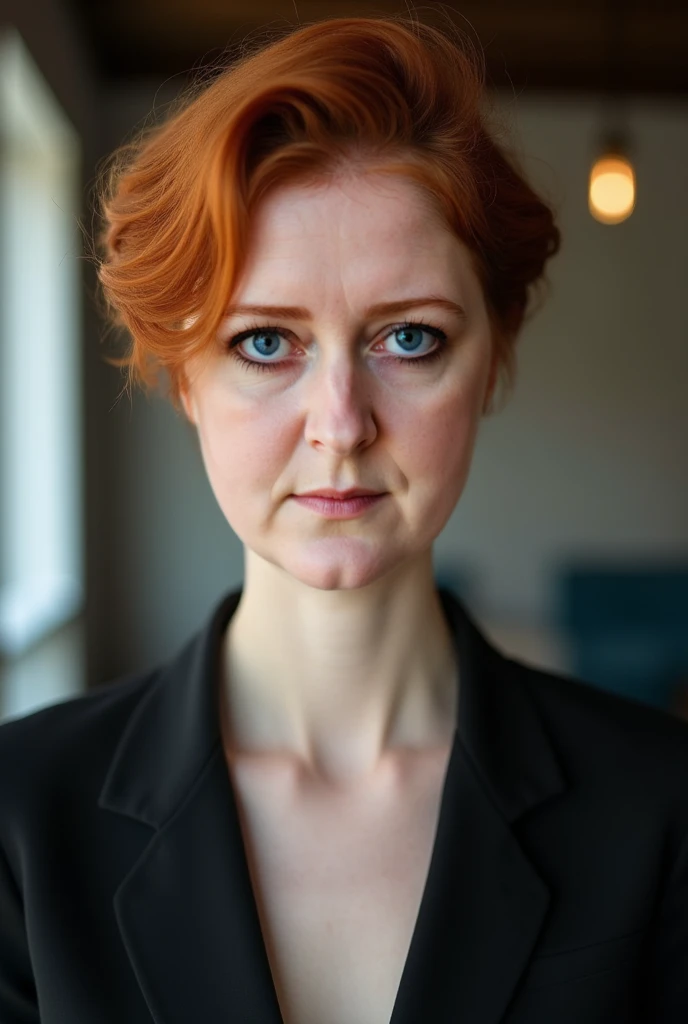 close up professional portrait photograph of ginger woman,25 years old,ginger & short hair,blue eyes,very fair pale skin, she's wearing a dark blazer