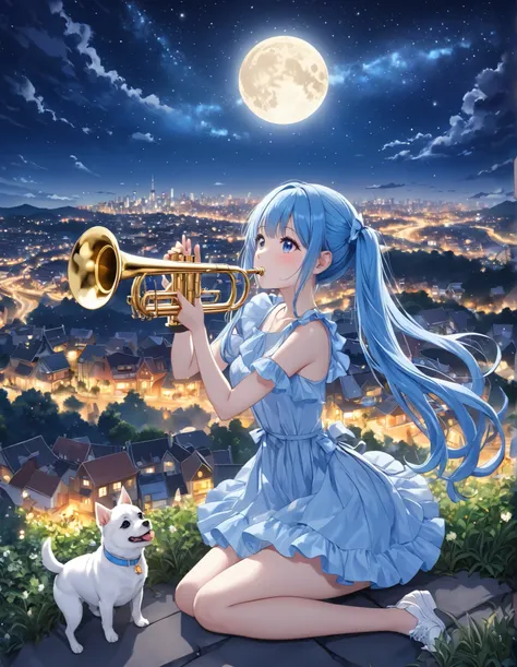  light blue long hair、 a beautiful girl with a hairstyle or twin tails 、 full moon、Night Sky、A starry sky 、 Milky Way、 on the hill overlooking the city 、The city's illuminations are shining beautifully、 playing the trumpet into the sky、My dog is listening ...