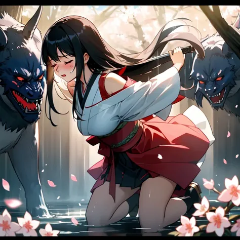 ​masterpiece,   high quality ,   best image quality, One Girls, from foot to head,   kimono,   skirt  , Length Hair,   black hair, sword,  Gentle Smile ,    Cherry Blossom Petals  ,  blue sky, water, Spark of Light,(masterpiece, 最  high quality : 1.2),whol...