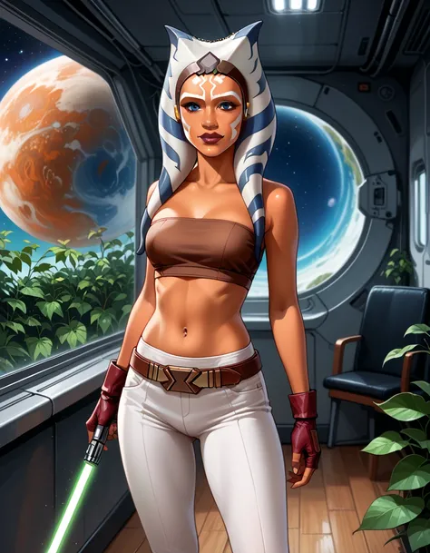  score_9,  score_8_arriba,  score_7_arriba, ( cartoon style :1.2),  cartoon image of a beautiful woman , Hermosa waifu, (Ahsoka Tano, orange skin:1.2), ( brown tube top , :1.3), ( fingerless gloves:1.2),  belt, ( white leggings :1.1), flirt,  seductive,  h...