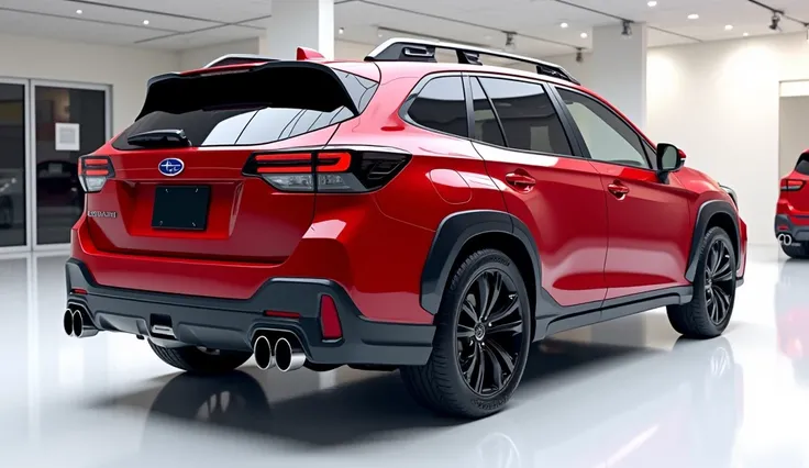 create an ultra-detailed 3D render of a modern, close-up (view) of (2025 Subaru outback) with a bold design. The car should feature a (Red) with a  logo on its (back), . The body should be wide and expanded in glossy Red, captured in an ultra-detailed, glo...