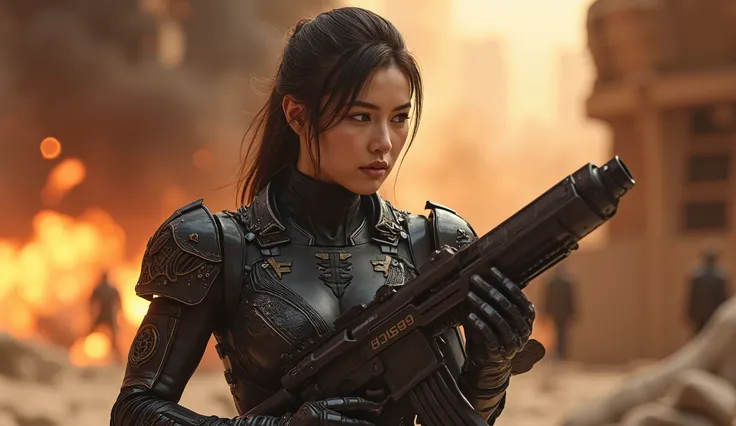 8k, UHD, Realistic, full body, Beautiful, captivating, female super soldier from 20 and Back project, facial mixed of Kim Ji-won, deep cleavage, depending the Kuiper Belt from Draconian, heavily armed, heavily armored, displaying her advanced weapons, base...