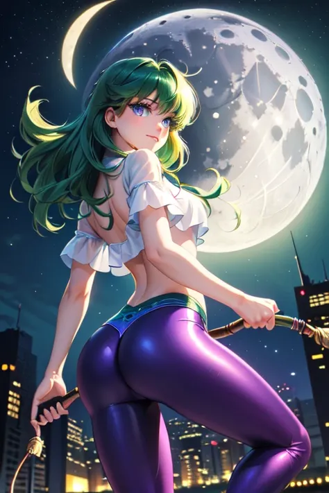 ((Ultra quality)), (( masterpiece)), ( ultra detailed ), 1 girl, (( with purple leggings )), (( strappy blouse)), ((Senos grandes)), (( green hair )), ((blue eyes)), (( with a cute face )), (( hair with beautiful details )), (( with a whip in her right han...