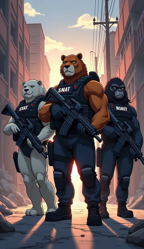 A swat squad of lion ,  polar bear and gorilla humanized in anime style,  posing heroically in a ruined urban setting at dusk.
