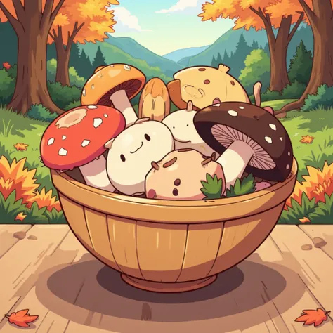 There are mushrooms in the bamboo colander、Shiitake mushroom、Matsutake、Enoki、King oyster mushrooms、Appetizing hues 、An autumn forest can be seen in the background、2D illustration、illustration、Anime Design、 A clear line、Clear lines 、Thick Line、 simple illus...