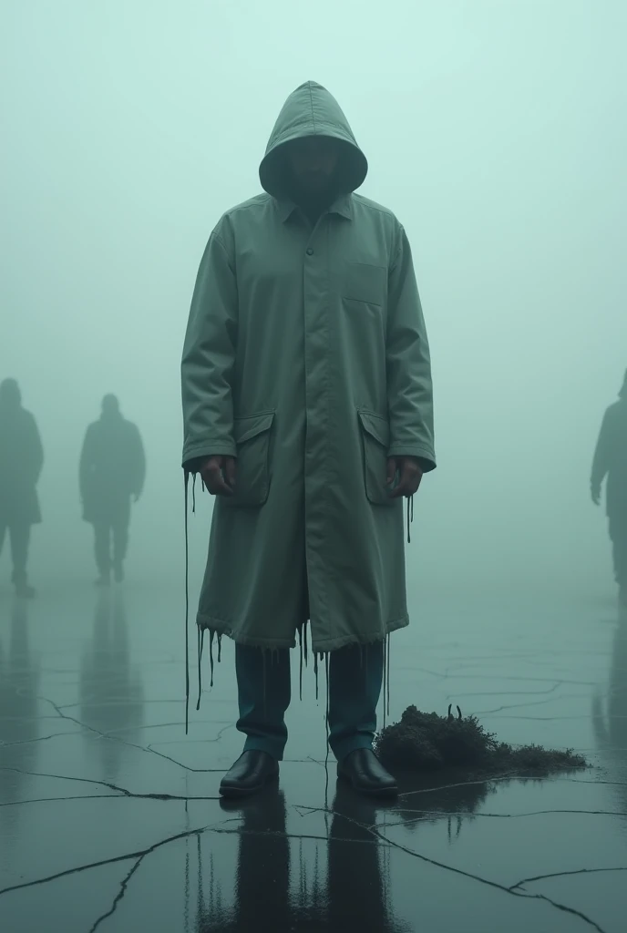 A man in a raincoat and hat .  Without arms and legs, the sleeves and hem of the pants drips and black liquid flows softly  .  The sky has a fog that looks like the silhouettes of people  . The floor is made of glass  ,  in place. The man is cracked and so...